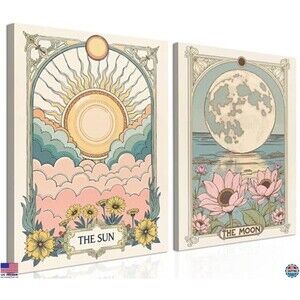 Celestial Wall Art Set of 2, Vintage Sun Moon Canvas Prints 12x16 for Home Decor